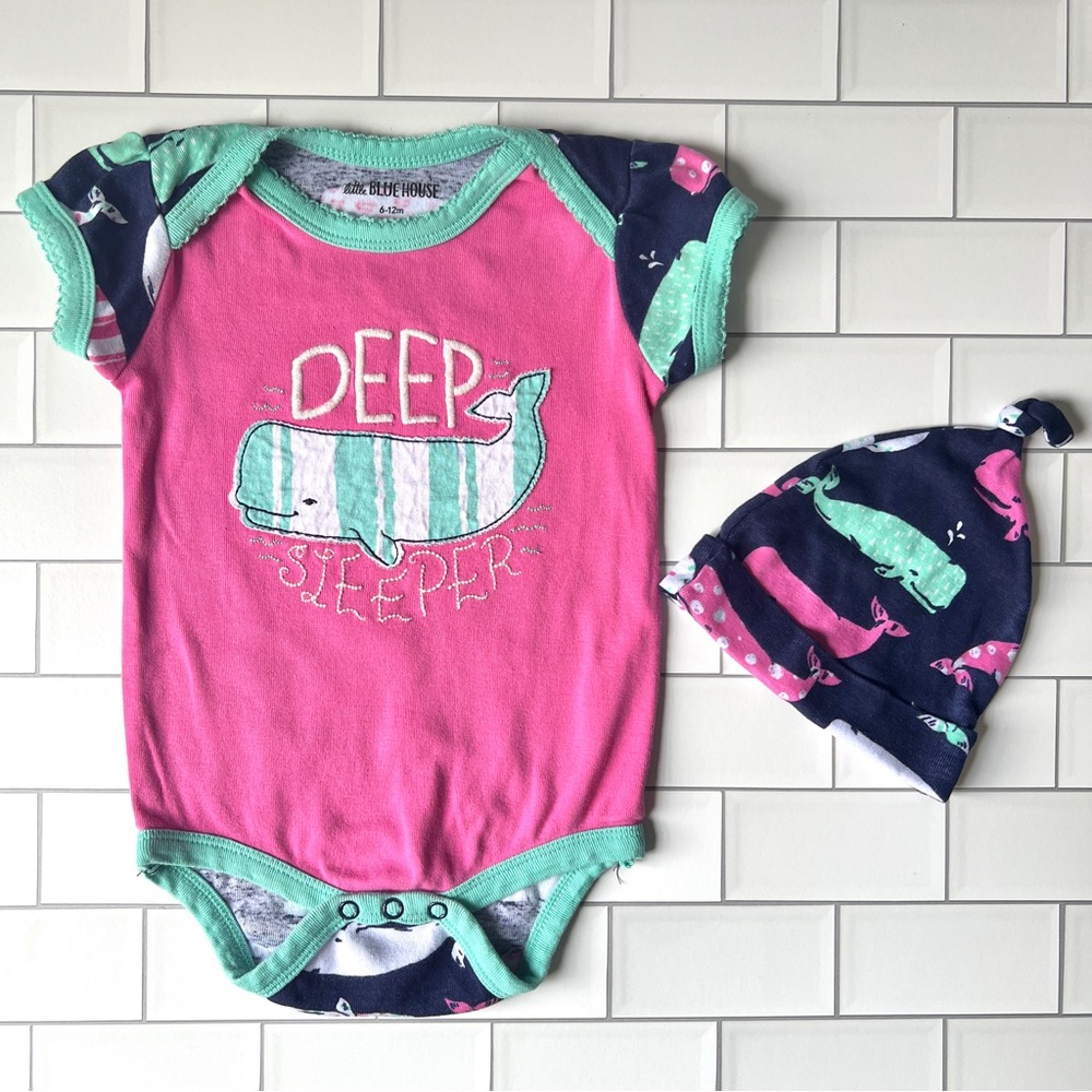 6-12M🐳 Hatley Pink Nautical Whales Deep Sleeper Bodysuit & Hat Little Blue House